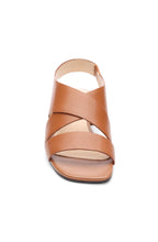 Load image into Gallery viewer, Effortlessly make a fashion statement with our Pomona sandal in fashionable luggage shade, offering both comfort and refined style. Skillfully designed with elegant cognac leather and a sleek wood finished heel for an upscale look.