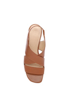 Load image into Gallery viewer, Effortlessly make a fashion statement with our Pomona sandal in fashionable luggage shade, offering both comfort and refined style. Skillfully designed with elegant cognac leather and a sleek wood finished heel for an upscale look.
