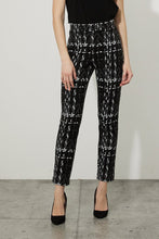 Load image into Gallery viewer, This straight-leg Joseph Ribkoff pant offers a slim fit and smooth appearance. Complement the vibrant patterning with a solid top for a standout outfit. Color- Black and white. Elastic waist. No pockets. No zipper. Not lined. Straight leg. Fabric -38% Polyester. 30% Nylon. 30% Viscose Rayon. 2% Spandex.