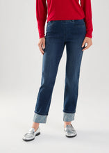 Load image into Gallery viewer, Enhance your style with these statement pull-on cuffed jeans, adorned with sparkling rhinestones arranged in a criss-cross pattern on the cuffs.This eye-catching jean, designed by French Dressing, features a 5-pocket design and a simulated zipper closure for a complete look.