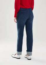 Load image into Gallery viewer, Enhance your style with these statement pull-on cuffed jeans, adorned with sparkling rhinestones arranged in a criss-cross pattern on the cuff. This eye-catching jean, designed by French Dressing, features a 5-pocket design and a simulated zipper closure for a complete look.