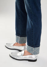 Load image into Gallery viewer, Enhance your style with these statement pull-on cuffed jeans, adorned with sparkling rhinestones arranged in a criss-cross pattern on the cuffs.This eye-catching jean, designed by French Dressing, features a 5-pocket design and a simulated zipper closure for a complete look.