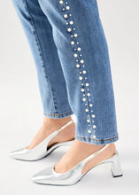 Load image into Gallery viewer, Make a statement with our Patrice Pull-On Pencil Ankle Denim, adorned with elegant pearl embellishments running down the outer side of each leg. This piece also includes a 5-pocket design and a faux zipper closure, adding a touch of contemporary style.