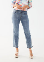 Load image into Gallery viewer, This pull-on straight ankle denim offers both comfort and style with its unique design. The bottom hems are adorned with playful upside-down hearts made of sparkling rhinestones. This fabulous jean is a fun and flirty addition to any wardrobe. Color- Light blue. Mid-rise. Inseam 28". Decorative button and zip fly.