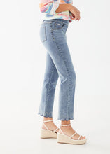 Load image into Gallery viewer, This pull-on straight ankle denim offers both comfort and style with its unique design. The bottom hems are adorned with playful upside-down hearts made of sparkling rhinestones. This fabulous jean is a fun and flirty addition to any wardrobe. Color- Light blue. Mid-rise. Inseam 28". Decorative button and zip fly.