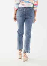 Load image into Gallery viewer, his pull-on straight ankle denim offers both comfort and style with its unique design. The bottom hems are adorned with playful upside-down hearts made of sparkling rhinestones. This fabulous jean is a fun and flirty addition to any wardrobe. Color- Light blue. Mid-rise. Inseam 28". Decorative button and zip fly.