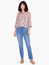 Load image into Gallery viewer, Take a peek at your new favorite colorful top for dressing up or down. Beautiful spring/summer colors pop on this fabulous top includes a keyhole negative space detail that draws the eye. An easy fitting round neck top with 3/4 elastic cuff sleeves complete the look. Designed to sit slightly below the hip. Colors- Blues, orange, coral, pink, black. Easy fit. Round neck. 3/4 sleeve. Bishop sleeve.