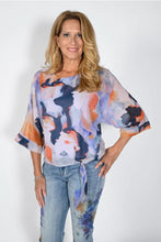 Load image into Gallery viewer, Flowy, light and easy, this gorgeous multi color print top is a must have for the warmer months. A side tie and flowy sleeves create a style that can easily transition from day to evening. Colors - Purple multi. Pullover. Side tie. Flowy design. Abstract print. Fabric -100% Polyester.