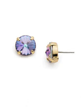 Load image into Gallery viewer, Pair of gold earrings with iridescent lilac gemstones on a white background.