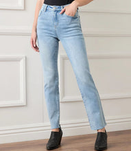 Load image into Gallery viewer, With their faded blue wash and raw hem, these ankle-grazing straight-leg jeans offer a comfortable, stretchy fit. Designed with a five-pocket button-front style, they make the perfect go-to jeans for any occasion.