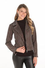 Load image into Gallery viewer, Woman wearing a brown and sequined jacket, brown top and black leather pants against a white background.