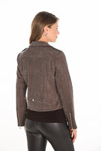 Load image into Gallery viewer, Woman wearing a brown and sequined jacket, brown top and black leather pants against a white background.