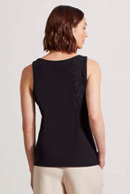 Load image into Gallery viewer, This basic sleeveless tank in black has been elevated to new levels with lace detailing across the chest and down one side of the back. We also love the stretch binding at the neck and armholes for added comfort, the pop-over scoop neckline, and its breeze-friendly sleeveless design.