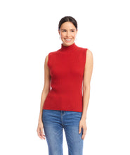 Load image into Gallery viewer, Woman wearing a red sleeveless turtleneck top and blue jeans against a white background.