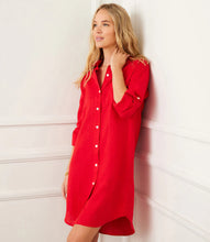 Load image into Gallery viewer, Stay cool and stylish with the Karen Kane Rio Roll Tab Linen Shirtdress in Cherry. Crafted from 100% linen, this breathable, lightweight dress is perfect for sunny days and easy layering. Featuring a crisp collar, front button closure with delicate shell buttons, and roll-tab sleeves that convert to long sleeves, it offers both versatility and timeless charm.