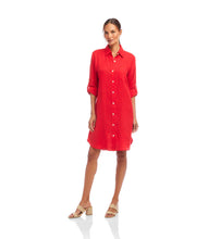 Load image into Gallery viewer, Stay cool and stylish with the Karen Kane Rio Roll Tab Linen Shirtdress in Cherry. Crafted from 100% linen, this breathable, lightweight dress is perfect for sunny days and easy layering. Featuring a crisp collar, front button closure with delicate shell buttons, and roll-tab sleeves that convert to long sleeves, it offers both versatility and timeless charm.