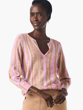 Load image into Gallery viewer, Nic & Zoe has once again exceeded expectations with their latest addition, the Rolling Dunes Sweater. This versatile piece has the appearance of a woven top, but surprises with its lightweight sweater material and a unique printed design in a striking pink and tan on a jersey knit base. Designed with an effortlessly flattering fit and a drapey feel, this sweater features an inverted pleat detail above the 3/4 sleeve cuffs for an added touch of sophistication.