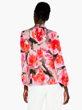 Load image into Gallery viewer, This gorgeous and cheery print of the Rosy Outlook top will brighten any day! Made with comfort in mind, this lightweight top features an elastic cuff, flowing long sleeve, and an easy fit. The band collar elevates the look and provides dress up potential. Sits at the hip. Color- Pink multi. Lightweight. Easy fit. Band collar Long sleeve Elastic cuff sleeve Sits at hip