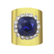 Load image into Gallery viewer, Enhance your look with this Sydney Square Ring in royal blue. Constructed with antique gold plating, premium crystals, and a brass base metal design, this ring adds a hint of elegance to your style. The durable, Canadian-made craftsmanship ensures your ring always looks as beautiful as the day you bought i. Color- Royal blue and gold. Premium crystals. Antique gold plating over brass. One size, adjustable.