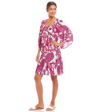 Load image into Gallery viewer, The Raela Ruffle Hem Dress by Karen Kane is the perfect blend of boho chic and timeless elegance. Featuring a floral print in a peony paisley design, this flowy bell sleeve dress offers a lightweight viscose fabric for effortless comfort. The tassel tie neckline adds a delicate touch, while the ruffle hem midi length enhances movement and charm.