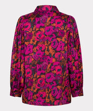 Load image into Gallery viewer, This elegant blouse is crafted from a luxuriously soft satin and features a button-up design with a shirt collar, and delicate pleating on its long-cuffed sleeves. Its versatility allows it to be worn for work and leisure alike. Color - Magenta, pink and coral. Floral print. Button down. Shirt collar. Subtle pleat detailing on sleeves. Long cuffed sleeves.