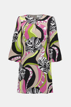 Load image into Gallery viewer, Admire the incomparable style of this stunning satin dress. The fabric showcases a vibrant retro print on a classic straight silhouette. The features a chic slit neckline adorned with gold ornaments, adding a hint of glamour to the design. The three-quarter bell sleeves complete the piece's polished look.