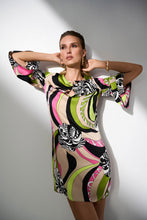Load image into Gallery viewer, Admire the incomparable style of this stunning satin dress. The fabric showcases a vibrant retro print on a classic straight silhouette. The features a chic slit neckline adorned with gold ornaments, adding a hint of glamour to the design. The three-quarter bell sleeves complete the piece's polished look.