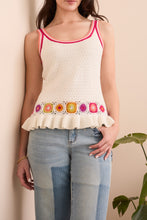 Load image into Gallery viewer, The Tribal Scoop Neck Crochet Detail Sweater Tank in Summer White is a breezy, lightweight knit designed for effortless layering and warm-weather styling. Featuring intricate crochet detailing, this sleeveless tank offers a relaxed fit with a flattering scoop neckline, making it a versatile addition to any wardrobe. The soft, breathable fabric ensures all-day comfort, while the delicate open-stitch design adds a touch of elegance. Perfect for pairing with denim, linen pants, or skirts, this sweater tan