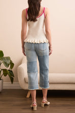 Load image into Gallery viewer, The Tribal Scoop Neck Crochet Detail Sweater Tank in Summer White is a breezy, lightweight knit designed for effortless layering and warm-weather styling. Featuring intricate crochet detailing, this sleeveless tank offers a relaxed fit with a flattering scoop neckline, making it a versatile addition to any wardrobe. The soft, breathable fabric ensures all-day comfort, while the delicate open-stitch design adds a touch of elegance. Perfect for pairing with denim, linen pants, or skirts, this sweater tan