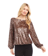 Load image into Gallery viewer, Crafted from stretchy sequin mesh, this Sequin Boatneck Top combines comfort with style. The elegant boatneck cut makes it ideal for various occasions, while the shimmering sequins infuse any ensemble with a dash of glamour.