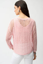 Load image into Gallery viewer, Woman wearing a pink sequin open knit sweater and white pants against a white background.