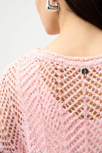 Load image into Gallery viewer, Woman wearing a pink sequin open knit sweater against a white background.