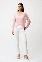 Load image into Gallery viewer, Woman wearing a pink sequin open knit sweater, white pants and silver heels against a white background.