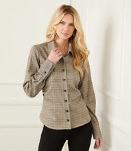 Load image into Gallery viewer, This sequin side-pleat shirt by Karen Kane, style 4L19101, is expertly crafted from premium woven material for a flattering and fitted silhouette. The addition of embroidered sequin adds a refined touch of elegance and shimmer, making it an ideal choice for any occasion. Featuring shank buttons, this shirt exudes a sophisticated and polished look.