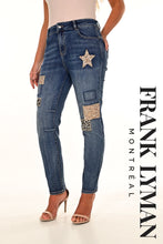 Load image into Gallery viewer, A versatile wardrobe essential, the Frank Lyman Denim 234146U boasts a sophisticated design with sequin patches, stars and cheetah patches. This classic denim silhouette is a must-have for any fashionista, providing the perfect blend of style and comfort for any occasion. Offering a fun, flirty look, the Frank Lyman Denim is sure to be a staple in any closet. Color- Blue and silver. Five pockets. Zip and button closure. Front Patch Details. Silver sequins. Cheetah patches.