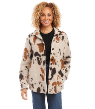 Load image into Gallery viewer, A stylish choice for crisp days, this relaxed-fit shirt jacket showcases a striking allover print, perfect for easygoing layering. Pairs beautifully with denim, faux leather pants or a brown or black trouser. Color- Shades of brown. Appaloosa print. Collared button down. Long sleeve. Side functional pockets.