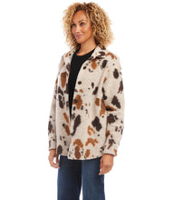 Load image into Gallery viewer, A stylish choice for crisp days, this relaxed-fit shirt jacket showcases a striking allover print, perfect for easygoing layering. Pairs beautifully with denim, faux leather pants or a brown or black trouser. Color- Shades of brown. Appaloosa print. Collared button down. Long sleeve. Side functional pockets.