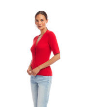 Load image into Gallery viewer, The Suzette Short Sleeve Ribbed Cardigan Sweater by Karen Kane is a versatile layering piece that blends cozy comfort with effortless style. Designed with a ribbed texture, short sleeves, and a V-neckline, this sweater offers a flattering, fitted silhouette that’s perfect for any occasion.