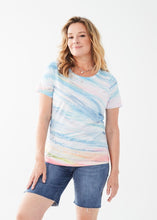 Load image into Gallery viewer, Discover the perfect blend of fashion and comfort with this knit top made of soft cotton slub jersey. The elegant fusion of style and everyday wear is enhanced by delicate strokes of pastel hues, making this top a standout choice. Color- Wind; Pastel colors. Length 26". Scoop neck. Short sleeves.