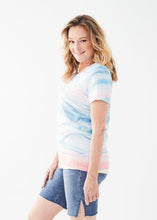 Load image into Gallery viewer, Discover the perfect blend of fashion and comfort with this knit top made of soft cotton slub jersey. The elegant fusion of style and everyday wear is enhanced by delicate strokes of pastel hues, making this top a standout choice. Color- Wind; Pastel colors. Length 26". Scoop neck. Short sleeves.