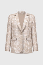 Load image into Gallery viewer, The Joseph Ribkoff Brocade Floral Print Blazer combines timeless charm with modern sophistication. Crafted from luxurious floral brocade fabric, this blazer is tailored with a classic notched collar and a single-button closure for a sleek, polished look. Versatile, this gorgeous jacket can be worn with denim to skirts. Fully lined for comfort, this standout piece adds a shimmering touch to your wardrobe.
