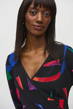 Load image into Gallery viewer, This contemporary top features a striking abstract print in bright, vivid colors set against a black backdrop, making it a fabulous addition to your wardrobe. The elegant shirring at the waist, coupled with the black rhinestone embellishments at the neckline and sleeve openings, enhances the top's appearance, transforming it into a striking piece of art.