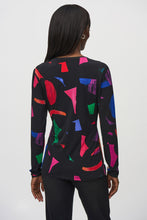 Load image into Gallery viewer, This contemporary top features a striking abstract print in bright, vivid colors set against a black backdrop, making it a fabulous addition to your wardrobe. The elegant shirring at the waist, coupled with the black rhinestone embellishments at the neckline and sleeve openings, enhances the top's appearance, transforming it into a striking piece of art.