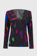 Load image into Gallery viewer, This contemporary top features a striking abstract print in bright, vivid colors set against a black backdrop, making it a fabulous addition to your wardrobe. The elegant shirring at the waist, coupled with the black rhinestone embellishments at the neckline and sleeve openings, enhances the top's appearance, transforming it into a striking piece of art.