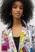 Load image into Gallery viewer, Enhance chic contemporary style with this knit blazer. The piece is expertly tailored a slightly fitted design that flatters any silhouette. An alluring all over word print offers distinctive charm, while the notched collar enhances the piece's refined appearance with contrasting tape trim and delicate rhinestone accents. A beautifully unique style, our Serita blazer pairs wonderfully with everything from denim to skirts.