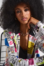 Load image into Gallery viewer, Enhance chic contemporary style with this knit blazer. The piece is expertly tailored a slightly fitted design that flatters any silhouette. An alluring all over word print offers distinctive charm, while the notched collar enhances the piece's refined appearance with contrasting tape trim and delicate rhinestone accents. A beautifully unique style, our Serita blazer pairs wonderfully with everything from denim to skirts.