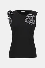 Load image into Gallery viewer, Embrace chic sophistication with the Joseph Ribkoff Silky Knit and Chiffon Fitted Top. designed with a crew neckline, sleeveless cut, and graceful ruffle detailing for a touch of elegance. Made from a blend of silky knit and chiffon fabrics, this lightweight top offers comfort and style in equal measure. Its timeless black and vanilla color palette ensures versatility for any wardrobe. Easy to care for, this fabulous top is perfect for layering or making a statement on its own.