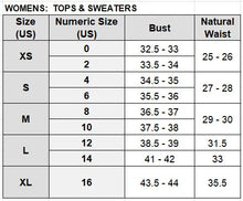 Load image into Gallery viewer, Size chart for women's tops and sweaters with numeric and measurement details.