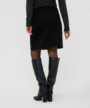 Load image into Gallery viewer, The EsQualo Senia Skirt in black features a beautifully detailed beaded hemline and a convenient zipper closure on the back, making it a necessary addition to any wardrobe. Its timeless design exudes sophistication and can be paired effortlessly with our matching Beate Blazer with Sleeve Embellishments - EsQualo W2405719 or elegant blouse for a polished look.