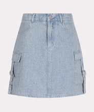 Load image into Gallery viewer, The EsQualo Distressed Jeans Skirt is a stylish denim skirt featuring a distressed design with cargo-style pockets and chic buckle details. It also has a unique button with inlaid rhinestones, adding a touch of elegance to its rugged charm. This versatile piece is perfect for casual outings or adding a trendy edge to your wardrobe.